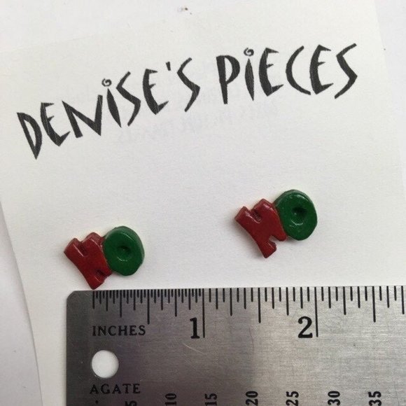 Christmas Earrings Plaster Handcrafted Ho Ho Pierced Red Green - Picture 2 of 2